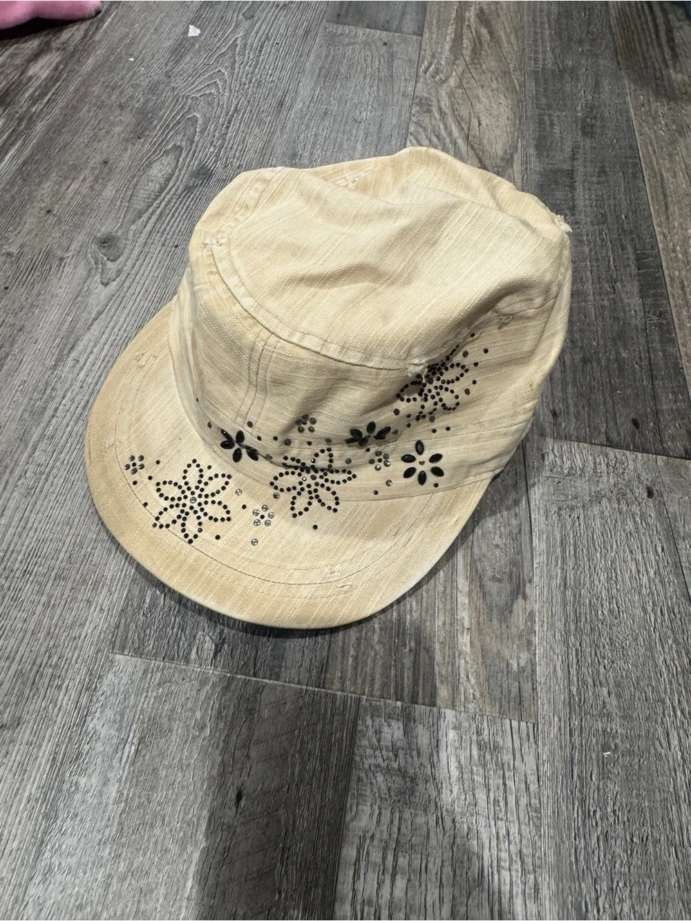 Beige Floral Studded Cotton Cap
